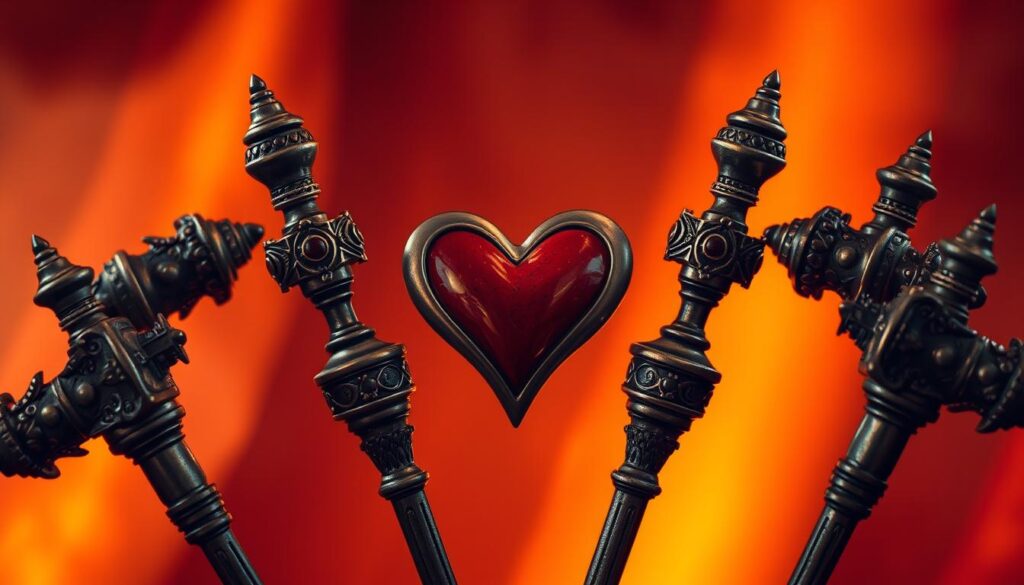 A close-up of six ornate medieval maces or batons, arranged in a radiant heart shape against a warm, hazy background. The maces are intricately detailed, with ornate metalwork, inlaid gems, and a sense of power and authority. The lighting is soft and atmospheric, creating a sense of romance and intimacy. The overall mood is one of triumph, success, and public recognition, reflecting the themes of the Tarot's Six of Wands card. The composition draws the viewer's eye to the central heart shape, emphasizing the themes of love, partnership, and personal achievement.