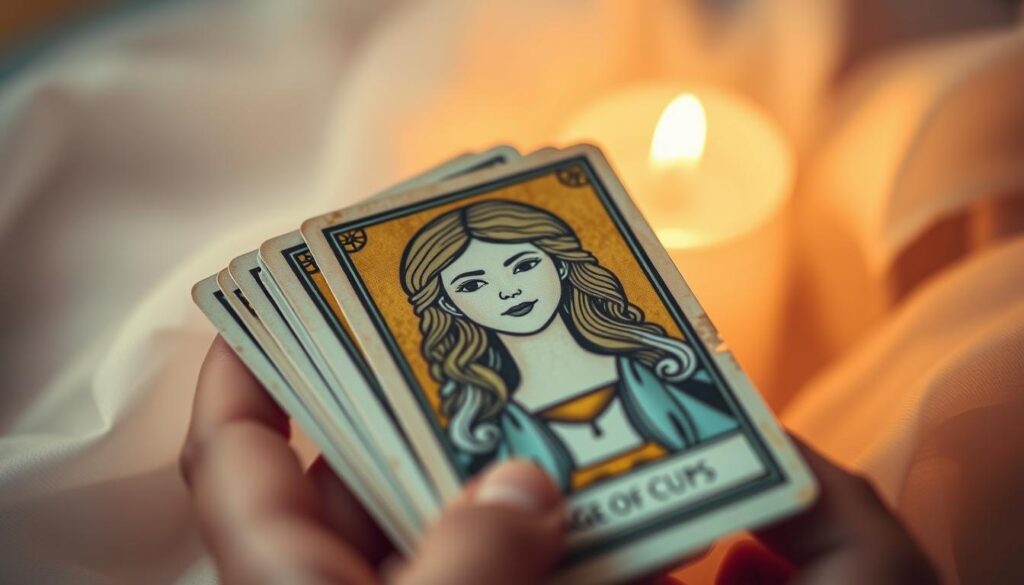 A close-up shot of tarot cards depicting the Page of Cups, set against a soft, ethereal background. The cards are held in delicate hands, the edges worn with use, hinting at a lifetime of readings and divination. The Page's serene expression radiates a sense of creativity, intuition, and emotional sensitivity. Warm, diffused lighting illuminates the scene, casting a gentle glow that evokes a sense of tranquility and introspection. The composition is balanced, with the cards taking center stage, surrounded by a hazy, dreamlike atmosphere that suggests the mysteries and insights of the tarot.