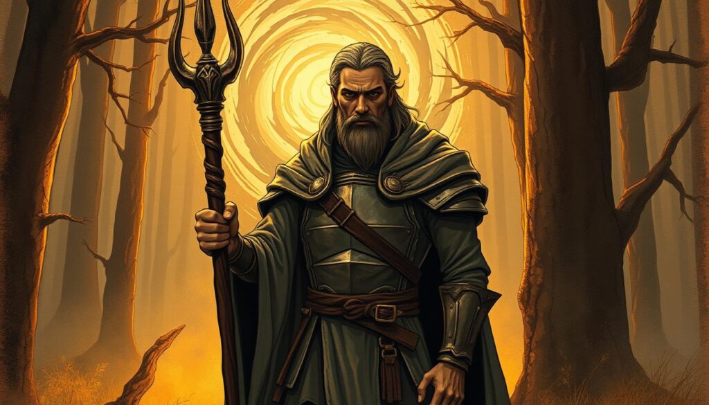 A detailed illustration of the Tarot card Nine of Wands, depicting a weathered, battle-hardened warrior standing resolutely, staff in hand, surrounded by a mystical, ethereal forest landscape. Warm, golden lighting casts long shadows, creating a sense of determination and resilience. The warrior's expression is one of unwavering strength, their armor slightly worn, yet their stance unyielding. In the background, a swirling vortex of energy pulses, hinting at the spiritual power and inner fortitude symbolized by this card. The scene conveys the meaning of perseverance, steadfastness, and the ability to withstand adversity.