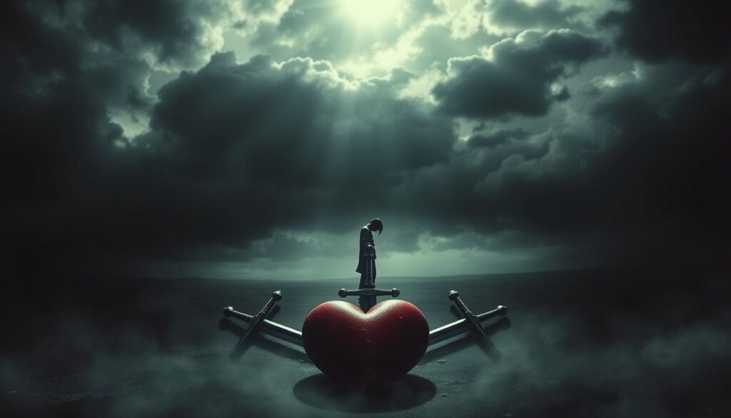 A dimly lit, mystical tarot card scene depicting the Three of Swords. In the foreground, three swords pierce a heart, symbolizing heartbreak, pain, and sorrow. The swords are positioned against a cloudy, moody sky, casting dramatic shadows. In the middle ground, a lone figure stands, their head bowed in anguish. The background features a desolate, monochromatic landscape, emphasizing the sense of melancholy and isolation. The lighting is somber, with a subtle spotlight illuminating the central swords and heart. The overall atmosphere is one of introspection, vulnerability, and the weight of emotional turmoil.