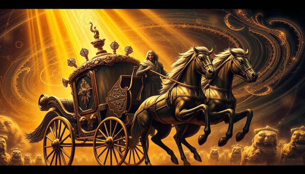 A majestic chariot, adorned with celestial symbols, stands resolutely against a backdrop of swirling cosmic energy. Gleaming bronze and polished wood evoke a sense of power and triumph, as the charioteer grasps the reins of two fierce, untamed steeds, their manes flowing in a celestial wind. Rays of golden light bathe the scene, illuminating the charioteer's determined expression, conveying a sense of mastery and control. The chariot's forward momentum suggests a journey of personal growth and transformation, a metaphor for the individual's quest for self-actualization. Captured in a cinematic, high-contrast lighting style, the image exudes a sense of mysticism and the arcane, befitting the Tarot's rich symbolism. A majestic chariot, adorned with celestial symbols, stands resolutely against a backdrop of swirling cosmic energy. Gleaming bronze and polished wood evoke a sense of power and triumph, as the charioteer grasps the reins of two fierce, untamed steeds, their manes flowing in a celestial wind. Rays of golden light bathe the scene, illuminating the charioteer's determined expression, conveying a sense of mastery and control. The chariot's forward momentum suggests a journey of personal growth and transformation, a metaphor for the individual's quest for self-actualization. Captured in a cinematic, high-contrast lighting style, the image exudes a sense of mysticism and the arcane, befitting the Tarot's rich symbolism.
