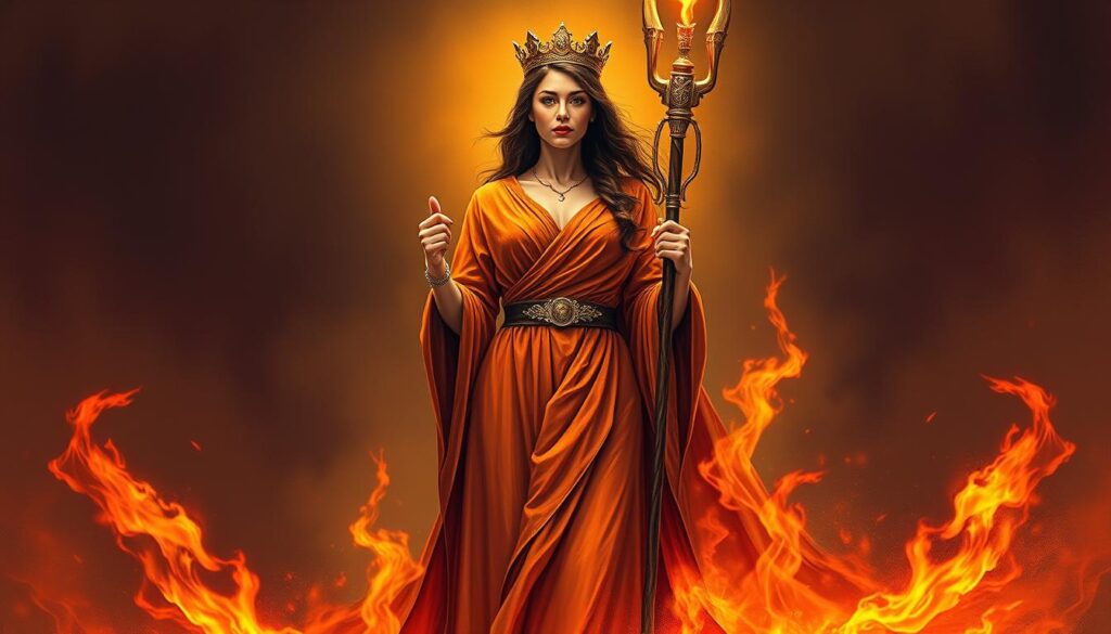 A regal and confident woman stands tall, her gaze unwavering, embodying the essence of the Queen of Wands. Clad in a flowing, vibrant robe, her posture exudes an aura of power and self-assurance. Flames dance around her, conveying her fiery, passionate nature. The background is a rich, earthy tone, hinting at her grounded and stable presence. Warm, directional lighting illuminates her features, accentuating her determined expression. The overall scene radiates an atmosphere of assertiveness, independence, and a strong-willed spirit, capturing the core personality traits of the Queen of Wands in the Tarot.