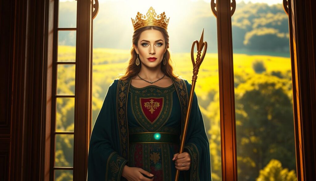 A regal woman with an air of confidence and independence stands tall, the Queen of Wands emblem emblazoned on her attire. Sunlight streams through a window, casting a warm glow and highlighting her unwavering presence. In the background, a lush, verdant landscape suggests a life of prosperity and self-assurance. Her gaze is direct, her posture commanding, embodying the qualities of this powerful tarot archetype in the context of everyday living.
