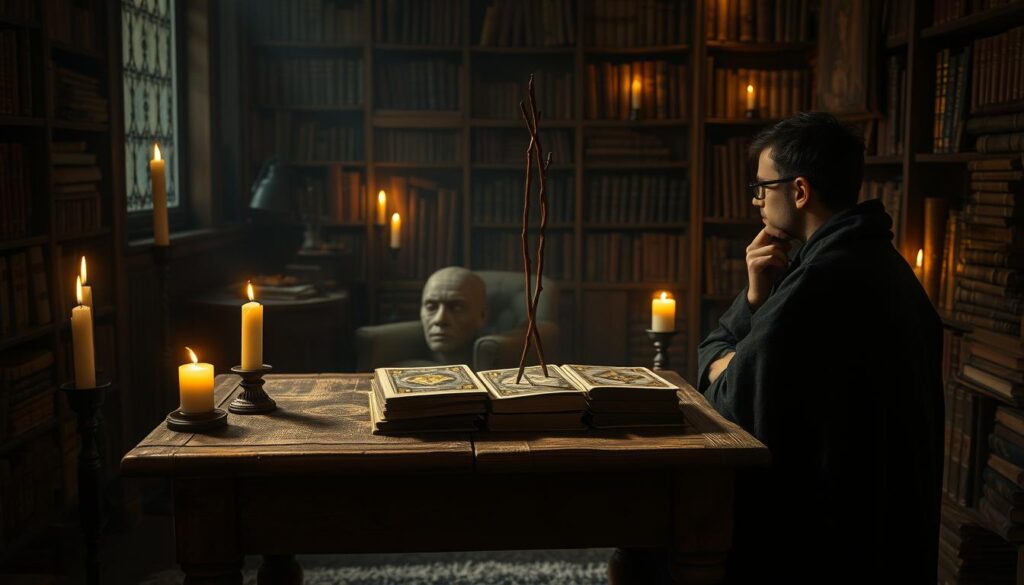 A serene, dimly lit study filled with ancient tomes and flickering candles. In the center, a weathered oak table displays a deck of antique tarot cards, the 9 of Wands prominent and illuminated. Shadows cast by the flickering flames dance across the worn leather-bound spines, creating an air of mysticism and contemplation. The room's occupant, garbed in a dark robe, ponders the significance of the card, its upright stance symbolizing resilience, determination, and the willingness to stand one's ground in the face of adversity. The atmosphere is pensive, the lighting moody, inviting the viewer to delve into the depth of meaning behind this powerful archetype.