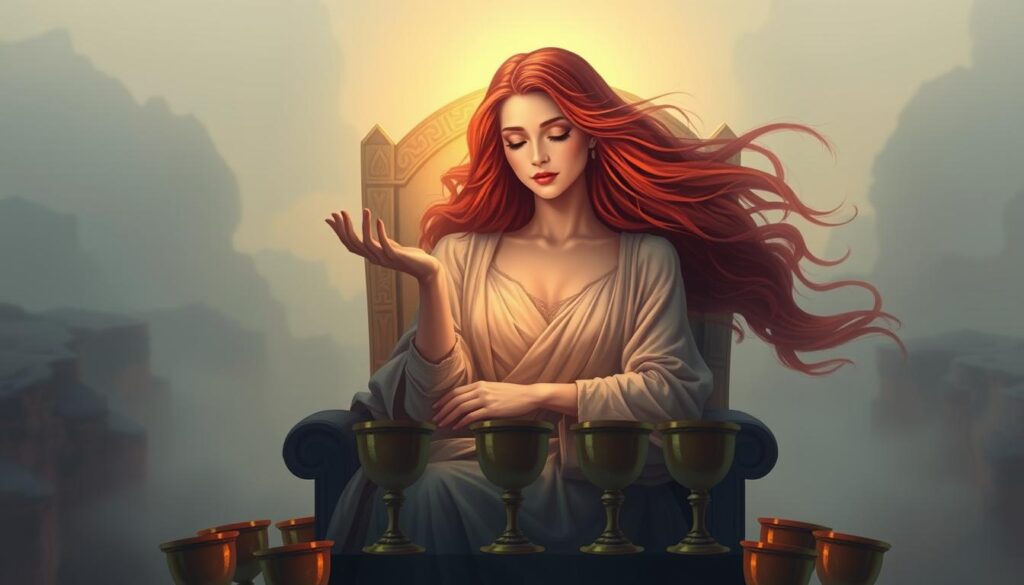 A serene, regal woman with flowing auburn hair and a gentle, empathetic gaze sits upon a throne of cups, her aura radiating warmth and intuition. Soft, diffused lighting illuminates her compassionate expression as she extends a hand, offering solace and emotional guidance. In the middle ground, stylized cups and chalices symbolize the suit of Cups, while a misty, dreamlike landscape stretches out behind her, evoking a sense of emotional depth and spiritual connection. The overall scene conveys the essence of the Queen of Cups - a figure of emotional intelligence, sensitivity, and intuitive wisdom.