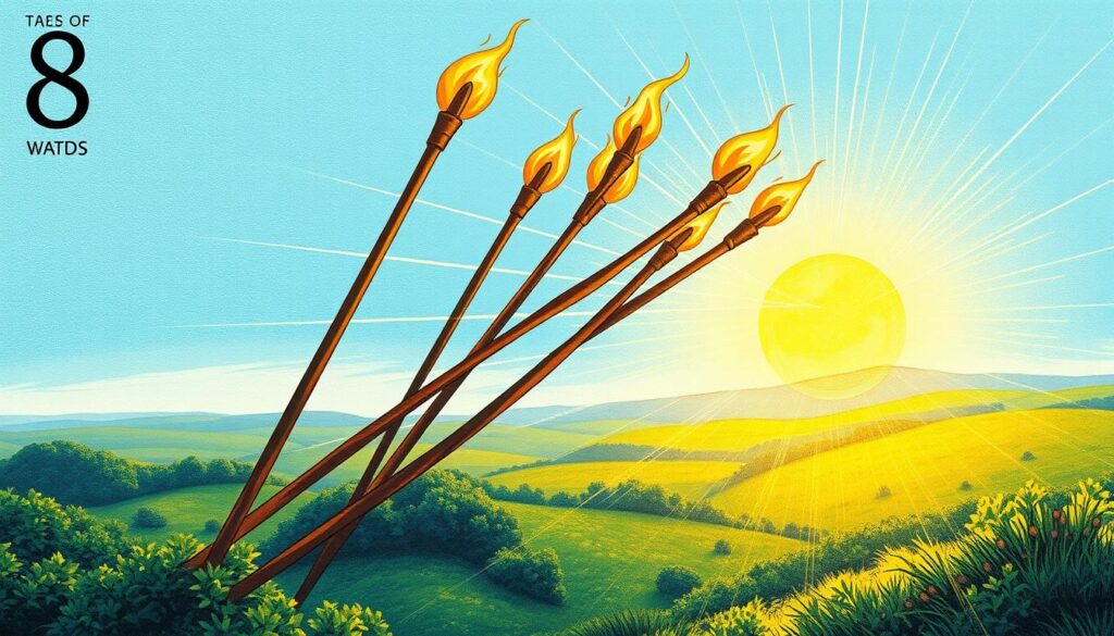 Intricate tarot card illustration depicting the 8 of Wands, conveying a sense of dynamic energy and forward momentum. In the foreground, eight wands or batons are soaring through the air, their tips ablaze with golden flames. The wands are positioned in an ascending diagonal pattern, creating a sense of speed and urgency. The middle ground features a vibrant, sun-dappled landscape, with lush greenery and a clear, azure sky. Subtle rays of light emanate from the wands, casting a warm, effervescent glow across the scene. In the background, distant rolling hills and a tranquil horizon line suggest a sense of expansiveness and possibility. The overall mood is one of excitement, opportunity, and positive, swiftly unfolding events.