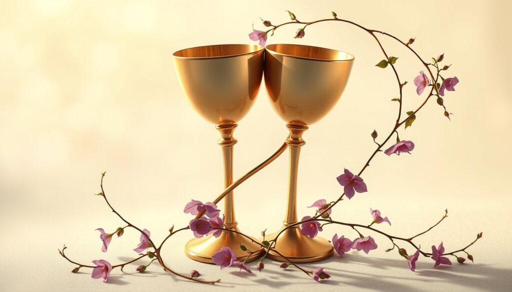 Two elegant chalices, entwined in a delicate dance, symbolize the harmony and intimacy of a loving partnership. Soft, warm lighting caresses their surfaces, casting gentle shadows that hint at the emotional depth shared between the cups. The scene exudes a sense of tenderness and understanding, capturing the essence of the Two of Cups Tarot card and its representation of soulful connection. Vines and flowers, in shades of pink and lavender, weave around the vessels, adding a touch of natural beauty and the blossoming of new bonds. The overall composition conveys a serene, romantic atmosphere, reflecting the card's themes of mutual appreciation, emotional fulfillment, and the nourishment of relationships.