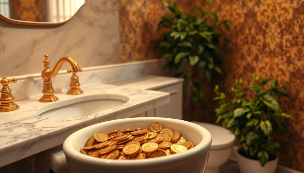 A serene bathroom setting, with a marble countertop and ornate golden faucets. In the foreground, a porcelain toilet bowl filled with gleaming gold coins, symbolizing the wealth and prosperity that can arise from the most unexpected places. The walls are adorned with intricate wallpaper in rich, earthy tones, creating a sense of opulence. Warm, diffused lighting bathes the scene, casting a mellow, contemplative atmosphere. A lush, verdant potted plant in the corner adds a touch of nature, complementing the luxurious yet grounded ambiance. The overall composition evokes a sense of the unexpected, where the mundane and the extraordinary coexist in harmony. A serene bathroom setting, with a marble countertop and ornate golden faucets. In the foreground, a porcelain toilet bowl filled with gleaming gold coins, symbolizing the wealth and prosperity that can arise from the most unexpected places. The walls are adorned with intricate wallpaper in rich, earthy tones, creating a sense of opulence. Warm, diffused lighting bathes the scene, casting a mellow, contemplative atmosphere. A lush, verdant potted plant in the corner adds a touch of nature, complementing the luxurious yet grounded ambiance. The overall composition evokes a sense of the unexpected, where the mundane and the extraordinary coexist in harmony.