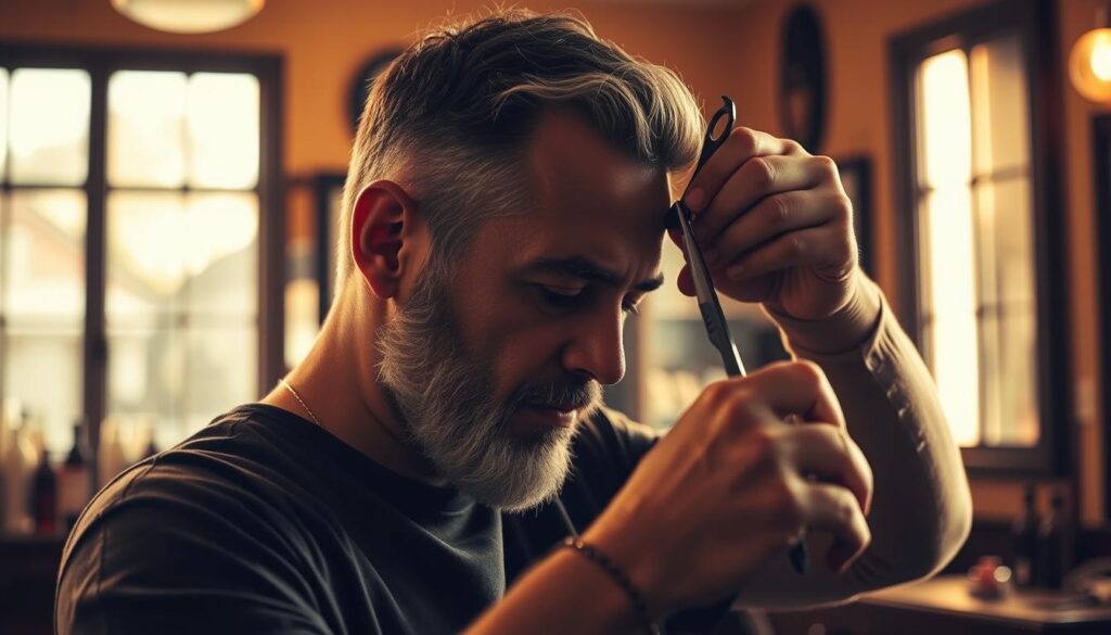 A barber carefully trimming the tresses of a pensive, middle-aged man in a warm, cozy salon. Soft, golden light filters through the windows, casting gentle shadows across the scene. The man's eyes are downcast, deep in contemplation, as the barber's skilled hands snip away, carefully shaping the haircut. The walls are lined with shelves of styling products and framed mirrors reflect the serene atmosphere. A sense of tranquility and introspection pervades the intimate setting, inviting the viewer to ponder the significance of this haircut in the man's life. A barber carefully trimming the tresses of a pensive, middle-aged man in a warm, cozy salon. Soft, golden light filters through the windows, casting gentle shadows across the scene. The man's eyes are downcast, deep in contemplation, as the barber's skilled hands snip away, carefully shaping the haircut. The walls are lined with shelves of styling products and framed mirrors reflect the serene atmosphere. A sense of tranquility and introspection pervades the intimate setting, inviting the viewer to ponder the significance of this haircut in the man's life.