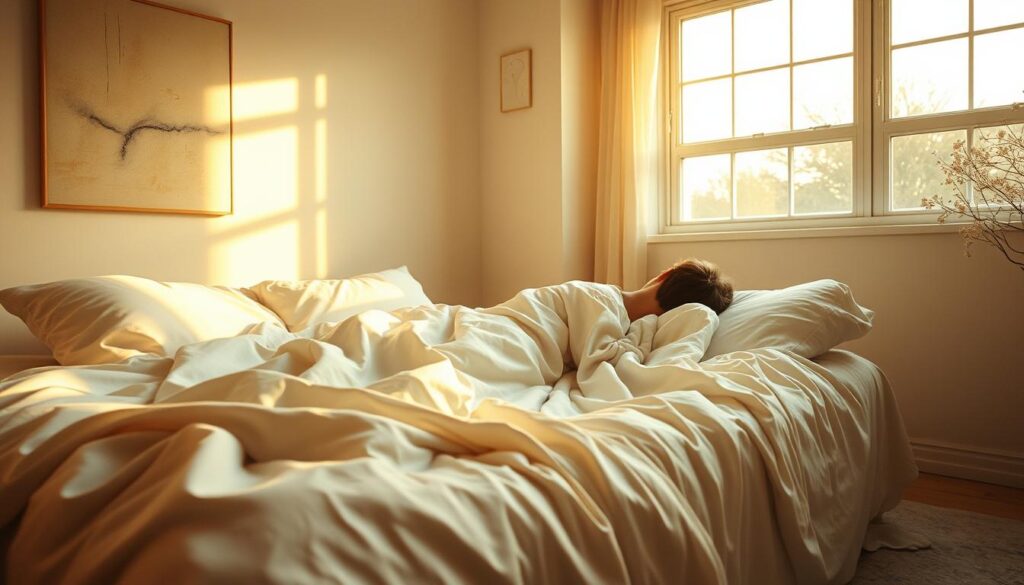 A cozy bedroom with a plush, white bed draped in soft, flowing linens. The scene is bathed in a warm, golden light from a large window, casting a serene and introspective mood. On the bed, a figure appears to be sleeping, their form obscured by the bedding, suggesting a journey inward and the exploration of subconscious dreams. The walls are adorned with minimal, abstract art, adding to the contemplative atmosphere. The overall composition evokes a sense of intimacy, rest, and the deep, meaningful connection between the physical and the imagined realms.