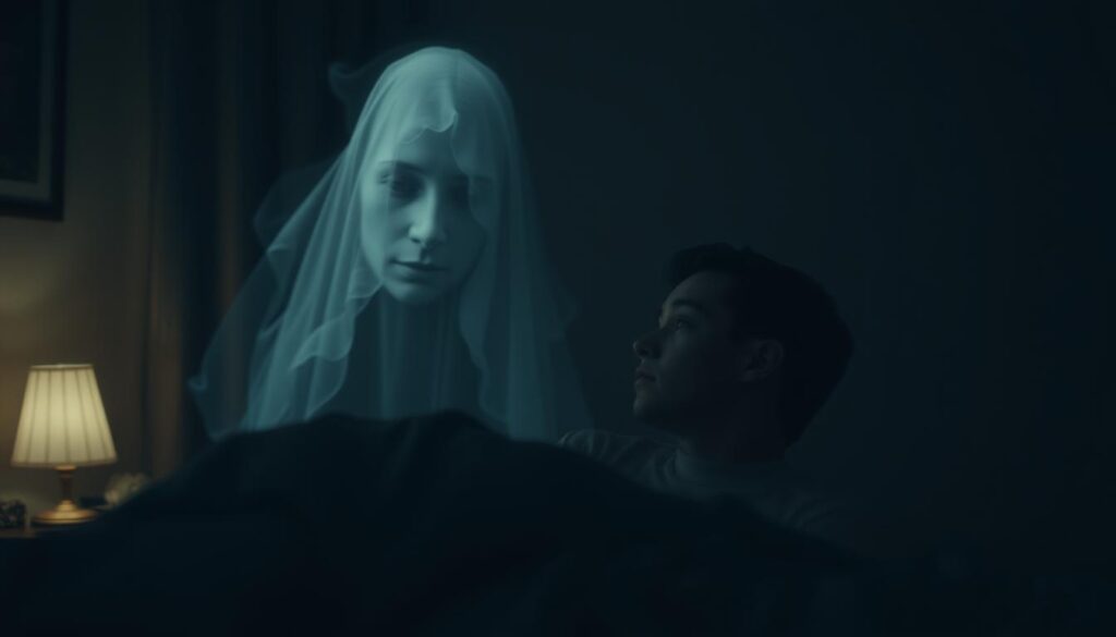 A dimly lit bedroom, the edges blurred, a spectral figure hovering by the bedside. The deceased loved one's face emerges from the shadows, their expression somber yet serene. Faint wisps of ethereal energy surround them, as if they are crossing the veil between the living and the dead. The dreamer's expression is one of reverence and wonder, their gaze transfixed on the ghostly visitor. Soft, muted tones create a sense of mysticism, while subtle lighting casts an almost religious aura around the scene. The mood is pensive, introspective, a profound moment of connection between the physical and the spiritual realms.