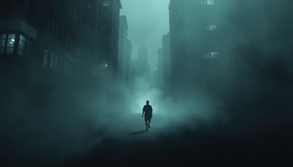 A dimly lit city street, shrouded in a hazy, dreamlike atmosphere. In the foreground, a lone figure wanders aimlessly, their steps uncertain, as if lost in the labyrinth of the urban landscape. The buildings loom overhead, their windows casting a faint glow, creating a sense of disorientation. Shadows dance across the pavement, blurring the boundaries between reality and dream. In the distance, a faint glimmer of light beckons, hinting at a path forward, yet the figure remains trapped in the disorienting web of the city's streets. The scene evokes a sense of vulnerability, as the individual navigates the subconscious realm of the dream, searching for a way out.