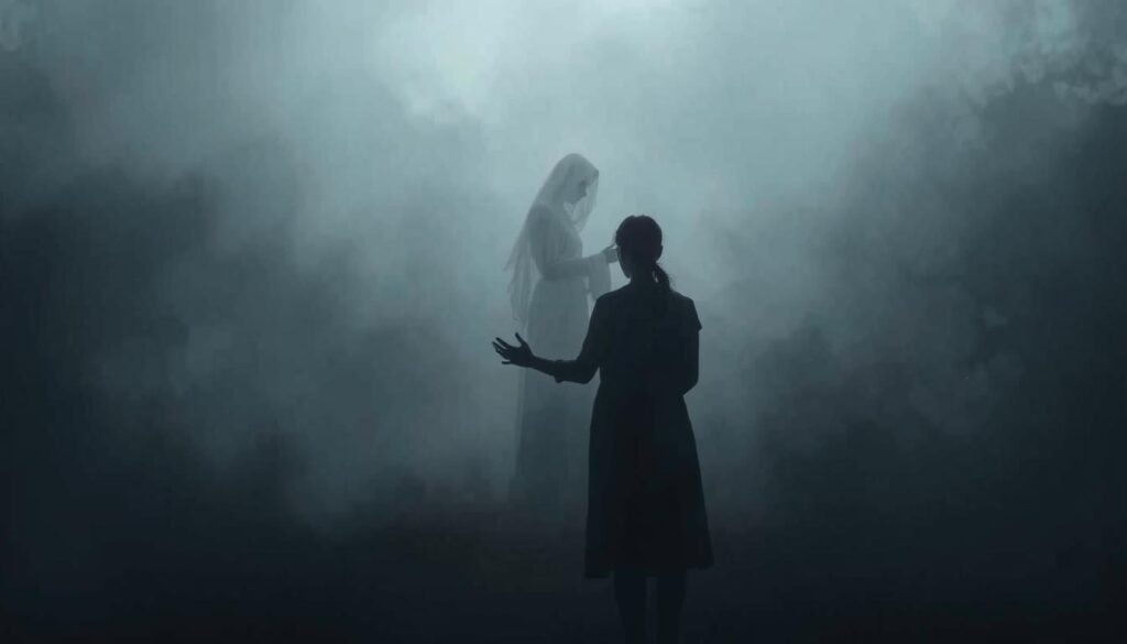 A dimly lit, dreamlike scene depicting a serene, yet poignant encounter between the living and the deceased. In the foreground, a figure stands silhouetted, their hands outstretched in a gesture of connection, reaching towards a ghostly, translucent apparition of a loved one. The background is shrouded in a hazy, ethereal mist, creating a sense of the liminal space between the physical and the spiritual realms. Soft, muted tones and a muted color palette evoke the solemn, introspective nature of this symbolic and psychologically resonant dream vision.
