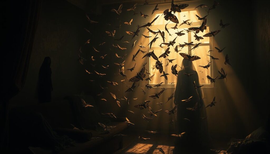 A dimly lit room, the air thick with the scent of old fabrics and forgotten memories. In the center, a swirling vortex of moths, their wings casting intricate shadows on the walls. Silhouetted figures of discarded clothing and textiles loom in the background, a haunting reminder of the unseen pests. Shafts of warm, golden light filter through the dusty air, illuminating the dance of the moths, their movements a metaphor for the subconscious struggles we face. The scene is both unsettling and captivating, a visual representation of the hidden problems that lurk within the dreams of those plagued by the presence of these elusive creatures. A dimly lit room, the air thick with the scent of old fabrics and forgotten memories. In the center, a swirling vortex of moths, their wings casting intricate shadows on the walls. Silhouetted figures of discarded clothing and textiles loom in the background, a haunting reminder of the unseen pests. Shafts of warm, golden light filter through the dusty air, illuminating the dance of the moths, their movements a metaphor for the subconscious struggles we face. The scene is both unsettling and captivating, a visual representation of the hidden problems that lurk within the dreams of those plagued by the presence of these elusive creatures.