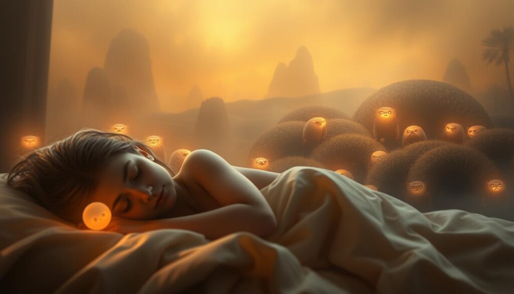 A dreamy, ethereal scene depicting the emotional significance of moles in dreams. In the foreground, a serene figure sleeps, surrounded by softly glowing mole-like creatures that emerge from the shadows, their expressions conveying a range of emotions - from anxiety and unease to curiosity and wonder. The middle ground features a surreal, abstracted landscape with mole burrows and tunnels, hinting at the hidden depths and subconscious processes represented by these dream creatures. The background is cloaked in a misty, otherworldly atmosphere, creating a sense of the mystical and the unseen. Warm, diffused lighting casts a gentle glow, evoking the intimate, introspective nature of the dreamscape. Captured with a wide-angle lens to convey a sense of immersion and depth, this image aims to visually explore the emotional resonance of moles in the realm of dreams. A dreamy, ethereal scene depicting the emotional significance of moles in dreams. In the foreground, a serene figure sleeps, surrounded by softly glowing mole-like creatures that emerge from the shadows, their expressions conveying a range of emotions - from anxiety and unease to curiosity and wonder. The middle ground features a surreal, abstracted landscape with mole burrows and tunnels, hinting at the hidden depths and subconscious processes represented by these dream creatures. The background is cloaked in a misty, otherworldly atmosphere, creating a sense of the mystical and the unseen. Warm, diffused lighting casts a gentle glow, evoking the intimate, introspective nature of the dreamscape. Captured with a wide-angle lens to convey a sense of immersion and depth, this image aims to visually explore the emotional resonance of moles in the realm of dreams.