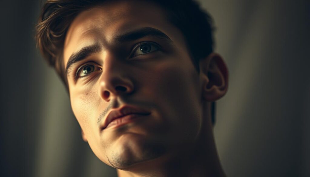 A dreamy, romantic portrait of a man gazing wistfully into the distance, his expression conveying a sense of longing and unspoken desire. The subject's face is rendered in soft, warm tones, with delicate features and a pensive, introspective gaze. The background is blurred and ethereal, evoking a sense of contemplation and inner reflection. Subtle lighting casts a gentle, chiaroscuro-like effect, heightening the emotional intensity of the scene. The overall composition exudes a sense of vulnerability and vulnerability, inviting the viewer to empathize with the subject's state of mind. A dreamy, romantic portrait of a man gazing wistfully into the distance, his expression conveying a sense of longing and unspoken desire. The subject's face is rendered in soft, warm tones, with delicate features and a pensive, introspective gaze. The background is blurred and ethereal, evoking a sense of contemplation and inner reflection. Subtle lighting casts a gentle, chiaroscuro-like effect, heightening the emotional intensity of the scene. The overall composition exudes a sense of vulnerability and vulnerability, inviting the viewer to empathize with the subject's state of mind.