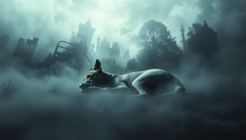 A haunting dream landscape of a deceased dog, symbolizing the psychological interpretations of the subconscious. In the foreground, a lifeless canine figure lies against a surreal, ethereal backdrop. Muted tones of grays, blues, and shadows evoke a somber, introspective atmosphere. The middle ground features a hazy, dreamlike quality, with subtle distortions and blurred edges, suggesting the ambiguous nature of the dreamscape. In the background, a sense of depth and mystery emerges, hinting at the complex psychological underpinnings of the dream experience. Soft, diffused lighting casts a melancholic glow, inviting the viewer to reflect on the symbolic meaning behind the dog's presence in the subconscious. A haunting dream landscape of a deceased dog, symbolizing the psychological interpretations of the subconscious. In the foreground, a lifeless canine figure lies against a surreal, ethereal backdrop. Muted tones of grays, blues, and shadows evoke a somber, introspective atmosphere. The middle ground features a hazy, dreamlike quality, with subtle distortions and blurred edges, suggesting the ambiguous nature of the dreamscape. In the background, a sense of depth and mystery emerges, hinting at the complex psychological underpinnings of the dream experience. Soft, diffused lighting casts a melancholic glow, inviting the viewer to reflect on the symbolic meaning behind the dog's presence in the subconscious.
