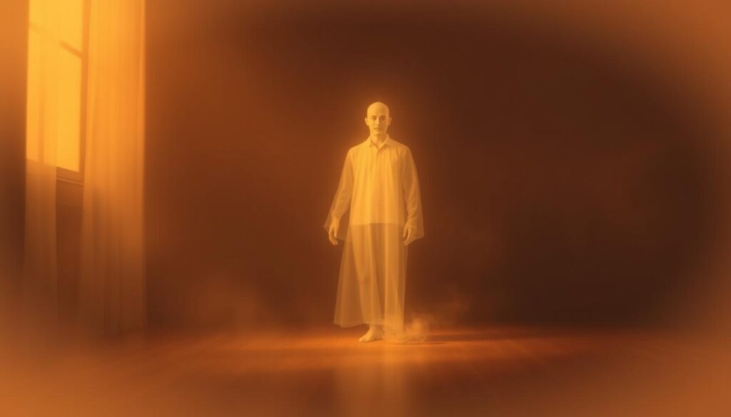 A serene, dimly lit room where a translucent figure of a departed brother appears, gazing at the viewer with a profound, compassionate expression. Warm, muted hues suggest a spiritual, otherworldly atmosphere. The brother's ghostly form radiates a sense of tranquility and understanding, conveying a poignant message of comfort and guidance from the beyond. Subtle details, such as a faint glow or ethereal wisps, enhance the ethereal, dreamlike quality of the scene. The overall mood is one of contemplation, healing, and a deep connection between the living and the departed. A serene, dimly lit room where a translucent figure of a departed brother appears, gazing at the viewer with a profound, compassionate expression. Warm, muted hues suggest a spiritual, otherworldly atmosphere. The brother's ghostly form radiates a sense of tranquility and understanding, conveying a poignant message of comfort and guidance from the beyond. Subtle details, such as a faint glow or ethereal wisps, enhance the ethereal, dreamlike quality of the scene. The overall mood is one of contemplation, healing, and a deep connection between the living and the departed.