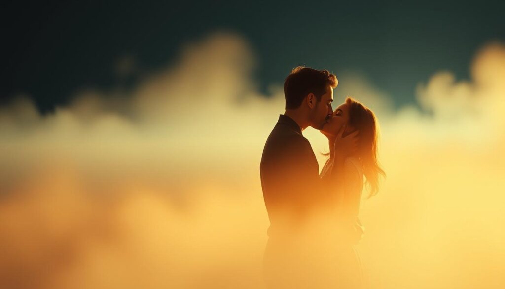A serene, dreamlike landscape with a warm, soft-focus glow. In the foreground, two figures embrace in a gentle, passionate kiss, their faces illuminated by a subtle, ambient light. The background fades into a hazy, ethereal atmosphere, suggesting the ephemeral nature of the dream. The overall mood is one of tenderness, intimacy, and the transcendent power of the subconscious mind.