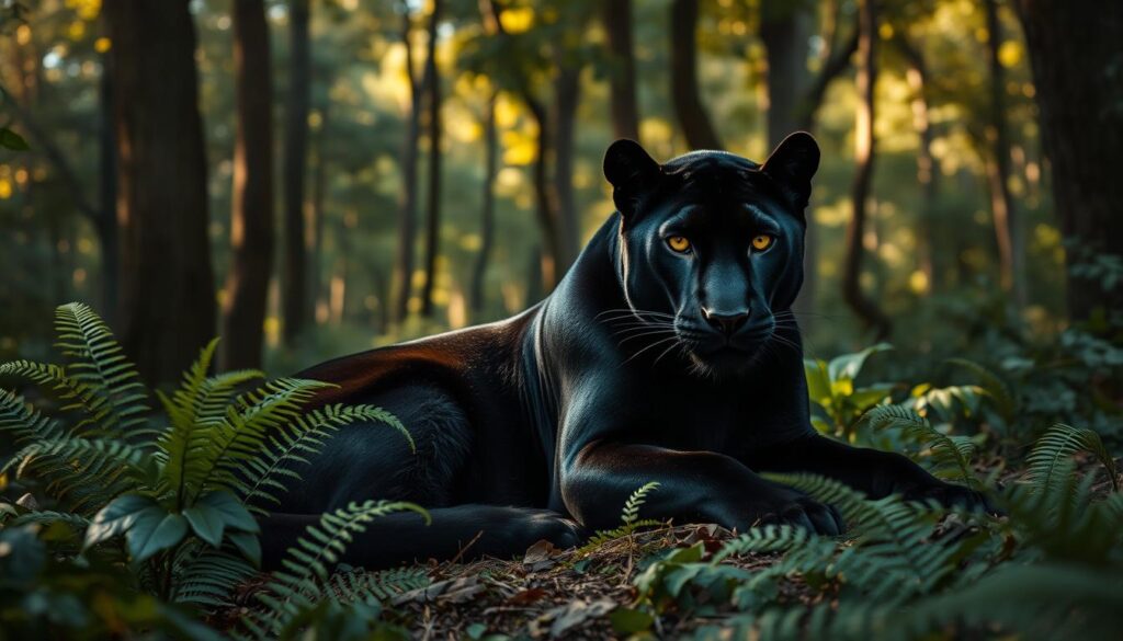 A serene forest clearing, dappled with soft, warm light filtering through the canopy above. In the center, a majestic black panther rests, its powerful muscles coiled with a sense of quiet strength and grace. The panther's eyes glow with an intense, intelligent gaze, conveying a profound connection to the natural world. Surrounding the panther, lush ferns and foliage create a sense of tranquility, hinting at the panther's role as a symbolic representation of the subconscious mind and its hidden depths. The scene evokes a sense of balance, introspection, and the interplay between the primal and the psychological. A serene forest clearing, dappled with soft, warm light filtering through the canopy above. In the center, a majestic black panther rests, its powerful muscles coiled with a sense of quiet strength and grace. The panther's eyes glow with an intense, intelligent gaze, conveying a profound connection to the natural world. Surrounding the panther, lush ferns and foliage create a sense of tranquility, hinting at the panther's role as a symbolic representation of the subconscious mind and its hidden depths. The scene evokes a sense of balance, introspection, and the interplay between the primal and the psychological.