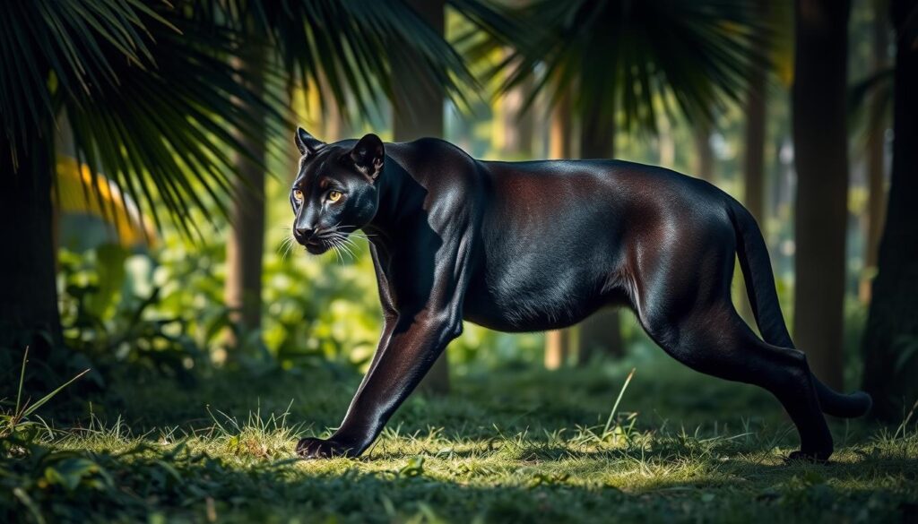 A sleek, ebony-furred puma elegantly stalks through a lush, verdant forest. Sunlight dapples its powerful frame, highlighting the cat's graceful movements and sinuous musculature. The puma's eyes gleam with intelligence and focus, its gaze intense yet serene. In the background, tall, swaying trees create a sense of tranquility and seclusion, as if this majestic creature owns the domain. The puma's every step exudes a regal, almost aristocratic bearing, a testament to its inherent grace and natural splendor. A masterful fusion of strength and poise, this image embodies the essence of the black panther - a symbol of elegance, power, and the untamed wilderness. A sleek, ebony-furred puma elegantly stalks through a lush, verdant forest. Sunlight dapples its powerful frame, highlighting the cat's graceful movements and sinuous musculature. The puma's eyes gleam with intelligence and focus, its gaze intense yet serene. In the background, tall, swaying trees create a sense of tranquility and seclusion, as if this majestic creature owns the domain. The puma's every step exudes a regal, almost aristocratic bearing, a testament to its inherent grace and natural splendor. A masterful fusion of strength and poise, this image embodies the essence of the black panther - a symbol of elegance, power, and the untamed wilderness.