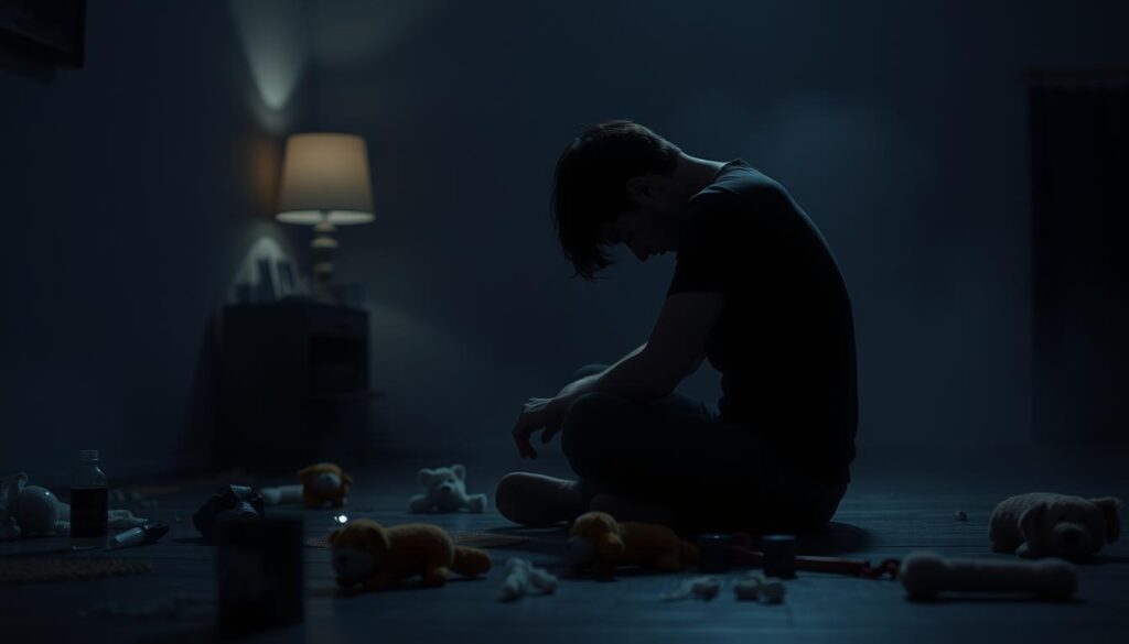 A somber, contemplative scene of a person grieving the loss of their beloved dog. The foreground features the figure sitting cross-legged on the floor, their head bowed in a pensive, emotional posture. The middle ground shows scattered mementos and toys that evoke the dog's presence, creating a sense of wistful memory. The background is a dimly lit, atmospheric setting with soft, moody lighting, conveying a sense of melancholy and introspection. The overall mood is one of quiet reflection, as the person prepares emotionally to confront the return of their departed canine companion in their dreams. A somber, contemplative scene of a person grieving the loss of their beloved dog. The foreground features the figure sitting cross-legged on the floor, their head bowed in a pensive, emotional posture. The middle ground shows scattered mementos and toys that evoke the dog's presence, creating a sense of wistful memory. The background is a dimly lit, atmospheric setting with soft, moody lighting, conveying a sense of melancholy and introspection. The overall mood is one of quiet reflection, as the person prepares emotionally to confront the return of their departed canine companion in their dreams.