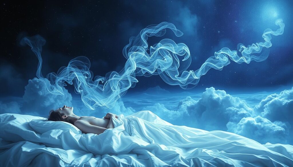 Dramatic dreamscape of the subconscious mind, illuminated by a soft, ethereal glow. In the foreground, a serene figure rests upon a bed of billowing white sheets, lost in the depths of slumber. Swirling mist and wisps of energy coalesce in the middle ground, symbolizing the mysteries and complexities of the dream realm. In the background, a vast, starry sky stretches out, hinting at the boundless expanse of the human psyche. Tones of blue, violet, and silver lend an air of introspection and quiet contemplation. The overall composition evokes the profound role of sleep in the human experience, a gateway to the inner world of the subconscious.