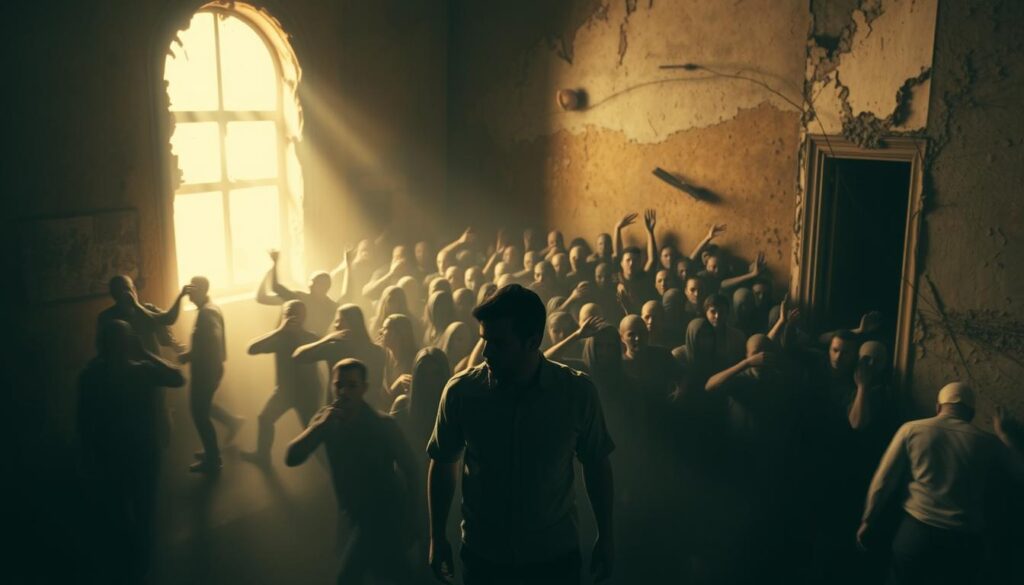 A chaotic crowd of faceless figures swirls and surges within a dimly lit, crumbling interior. Shadows dance across peeling walls, creating a sense of unease and claustrophobia. In the foreground, a lone individual stands apart, their expression obscured, grappling with the overwhelming presence of the throng. Warm, muted tones lend an air of psychological intensity, while the composition emphasizes the individual's isolation and the overwhelming nature of the collective. The scene evokes a dream-like quality, reflecting the subconscious anxieties and uncertainties that can arise from dreams of crowds and disintegrating environments. A chaotic crowd of faceless figures swirls and surges within a dimly lit, crumbling interior. Shadows dance across peeling walls, creating a sense of unease and claustrophobia. In the foreground, a lone individual stands apart, their expression obscured, grappling with the overwhelming presence of the throng. Warm, muted tones lend an air of psychological intensity, while the composition emphasizes the individual's isolation and the overwhelming nature of the collective. The scene evokes a dream-like quality, reflecting the subconscious anxieties and uncertainties that can arise from dreams of crowds and disintegrating environments.