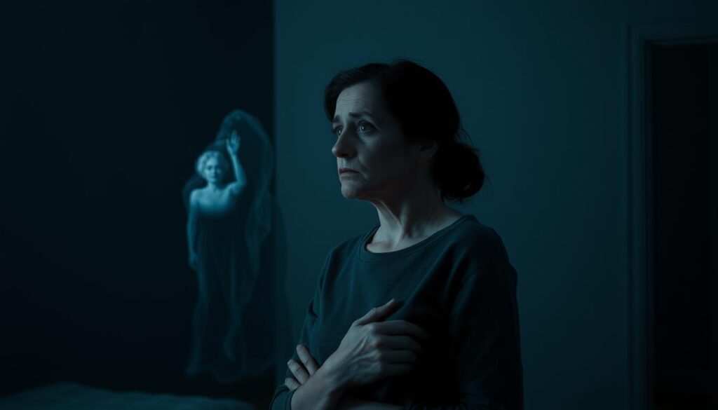 A concerned woman stands in a dimly lit room, her face etched with worry as she gazes into the distance. Soft, muted tones of gray and blue envelop the scene, creating an atmosphere of unease and uncertainty. In the background, a translucent figure, the ghostly presence of her grandmother, hovers, watching over her. The woman's posture is tense, her hands clasped tightly, reflecting the inner turmoil she experiences in this dream. The lighting is subtle, casting shadows that accentuate the emotion of the moment. This image captures the essence of the subject, conveying the woman's anxiety and the bittersweet nature of the dream, where the living and the dead coexist in a delicate balance. A concerned woman stands in a dimly lit room, her face etched with worry as she gazes into the distance. Soft, muted tones of gray and blue envelop the scene, creating an atmosphere of unease and uncertainty. In the background, a translucent figure, the ghostly presence of her grandmother, hovers, watching over her. The woman's posture is tense, her hands clasped tightly, reflecting the inner turmoil she experiences in this dream. The lighting is subtle, casting shadows that accentuate the emotion of the moment. This image captures the essence of the subject, conveying the woman's anxiety and the bittersweet nature of the dream, where the living and the dead coexist in a delicate balance.