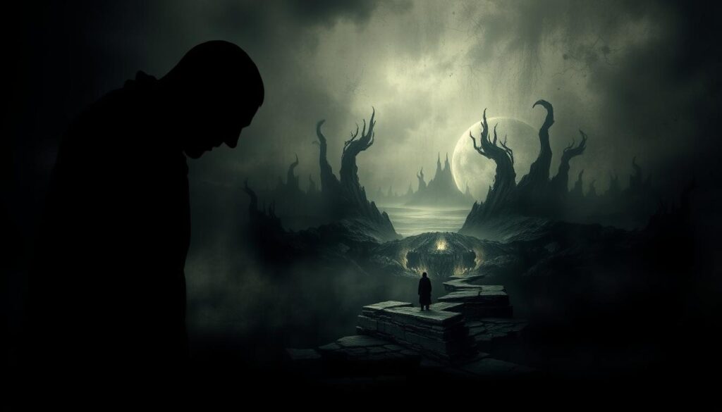 A dark, foreboding dreamscape with a sense of unease and vulnerability. In the foreground, a shadowy figure looms, its malicious intent palpable. The middle ground features a distorted, fragmented landscape, with jagged edges and unsettling angles, evoking the subconscious turmoil of the dreamer. The background is shrouded in a hazy, oppressive atmosphere, tinged with a sense of dread and the unknown. Harsh, dramatic lighting casts sharp shadows, heightening the sense of threat and the symbolic weight of the scene. The overall composition conveys the psychological weight of a dream about being harmed, the deep-seated anxieties and the struggle to make sense of the subconscious fears. A dark, foreboding dreamscape with a sense of unease and vulnerability. In the foreground, a shadowy figure looms, its malicious intent palpable. The middle ground features a distorted, fragmented landscape, with jagged edges and unsettling angles, evoking the subconscious turmoil of the dreamer. The background is shrouded in a hazy, oppressive atmosphere, tinged with a sense of dread and the unknown. Harsh, dramatic lighting casts sharp shadows, heightening the sense of threat and the symbolic weight of the scene. The overall composition conveys the psychological weight of a dream about being harmed, the deep-seated anxieties and the struggle to make sense of the subconscious fears.