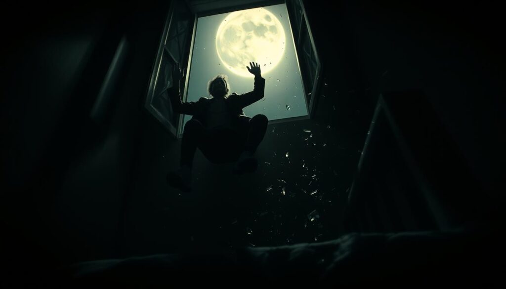 A dimly lit bedroom, a figure startled and in motion, tumbling out of an open window. Shards of glass glint in the moonlight, as the figure plummets into the abyss below. The scene evokes a sense of dread and foreboding, hinting at the ominous message the dream may convey. The lighting is moody and atmospheric, casting deep shadows and emphasizing the drama of the moment. The camera angle is dramatic, capturing the figure from below, creating a sense of depth and scale. The overall mood is one of shock, fear, and the unknown, reflecting the interpretation of the dream's significance. A dimly lit bedroom, a figure startled and in motion, tumbling out of an open window. Shards of glass glint in the moonlight, as the figure plummets into the abyss below. The scene evokes a sense of dread and foreboding, hinting at the ominous message the dream may convey. The lighting is moody and atmospheric, casting deep shadows and emphasizing the drama of the moment. The camera angle is dramatic, capturing the figure from below, creating a sense of depth and scale. The overall mood is one of shock, fear, and the unknown, reflecting the interpretation of the dream's significance.