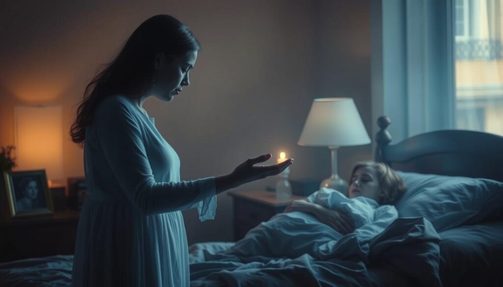 A dimly lit bedroom, the air heavy with melancholy. In the foreground, a translucent figure of a woman, her face serene and comforting, extends a hand towards the sleeping figure of a woman, her expression one of longing and sorrow. The middle ground features a bedside table with a framed photograph, a single candle flickering softly. The background is blurred, emphasizing the intimate, emotional connection between the two women. Soft, warm lighting bathes the scene, creating a sense of warmth and understanding. The atmosphere is one of profound connection, a moment of solace and guidance from a departed loved one. A dimly lit bedroom, the air heavy with melancholy. In the foreground, a translucent figure of a woman, her face serene and comforting, extends a hand towards the sleeping figure of a woman, her expression one of longing and sorrow. The middle ground features a bedside table with a framed photograph, a single candle flickering softly. The background is blurred, emphasizing the intimate, emotional connection between the two women. Soft, warm lighting bathes the scene, creating a sense of warmth and understanding. The atmosphere is one of profound connection, a moment of solace and guidance from a departed loved one.