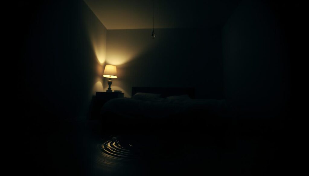 A dimly lit bedroom, the air thick with unease. A single droplet falls from the ceiling, rippling the surface of a shallow puddle on the floor. The walls seem to close in, the shadows deepening, creating a sense of claustrophobia. The lighting is moody, with a warm glow from a bedside lamp casting long shadows. The perspective is from the corner of the room, capturing the dripping ceiling and the unsettling stillness of the scene. The atmosphere is one of heightened anxiety, the dripping water a metaphor for the building tension within the dreamer's psyche. A dimly lit bedroom, the air thick with unease. A single droplet falls from the ceiling, rippling the surface of a shallow puddle on the floor. The walls seem to close in, the shadows deepening, creating a sense of claustrophobia. The lighting is moody, with a warm glow from a bedside lamp casting long shadows. The perspective is from the corner of the room, capturing the dripping ceiling and the unsettling stillness of the scene. The atmosphere is one of heightened anxiety, the dripping water a metaphor for the building tension within the dreamer's psyche.