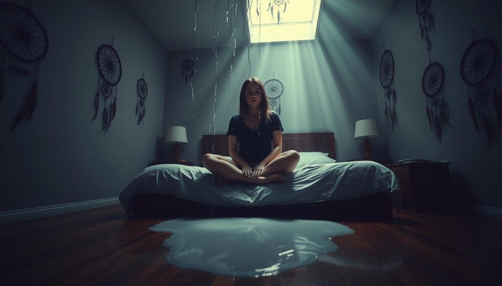 A dimly lit bedroom, the walls adorned with dream catcher motifs, water steadily dripping from the ceiling, forming a growing puddle on the wooden floor. Sunbeams filtering through a cloudy skylight, casting an ethereal glow. A woman sits cross-legged on the bed, her face a mixture of confusion and unease, as she contemplates the meaning of this symbolic omen. Soft, muted colors, a sense of unease and introspection. The camera angle is slightly elevated, capturing the room's atmospheric tension. Subtle visual cues hint at the dreamer's inner turmoil and the need to decipher the subconscious message. A dimly lit bedroom, the walls adorned with dream catcher motifs, water steadily dripping from the ceiling, forming a growing puddle on the wooden floor. Sunbeams filtering through a cloudy skylight, casting an ethereal glow. A woman sits cross-legged on the bed, her face a mixture of confusion and unease, as she contemplates the meaning of this symbolic omen. Soft, muted colors, a sense of unease and introspection. The camera angle is slightly elevated, capturing the room's atmospheric tension. Subtle visual cues hint at the dreamer's inner turmoil and the need to decipher the subconscious message.