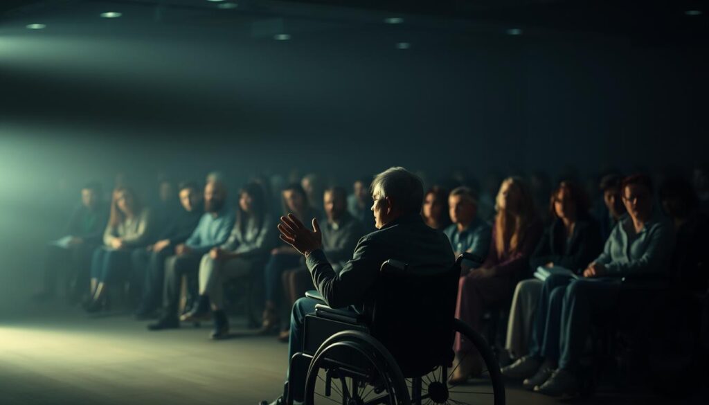 A dimly lit room filled with a diverse crowd of people, some seated in wheelchairs, gathering in a contemplative atmosphere. The scene exudes a sense of introspection and emotional depth, with muted lighting casting gentle shadows across the faces of the attendees. In the foreground, a central figure in a wheelchair appears to be leading a discussion or presentation, their hands gesturing expressively. The background is softly blurred, emphasizing the focus on the central group. The overall mood is one of thoughtful exploration, as if delving into the psychology of dreams and the symbolic meaning of a crowd gathering in this setting. A dimly lit room filled with a diverse crowd of people, some seated in wheelchairs, gathering in a contemplative atmosphere. The scene exudes a sense of introspection and emotional depth, with muted lighting casting gentle shadows across the faces of the attendees. In the foreground, a central figure in a wheelchair appears to be leading a discussion or presentation, their hands gesturing expressively. The background is softly blurred, emphasizing the focus on the central group. The overall mood is one of thoughtful exploration, as if delving into the psychology of dreams and the symbolic meaning of a crowd gathering in this setting.