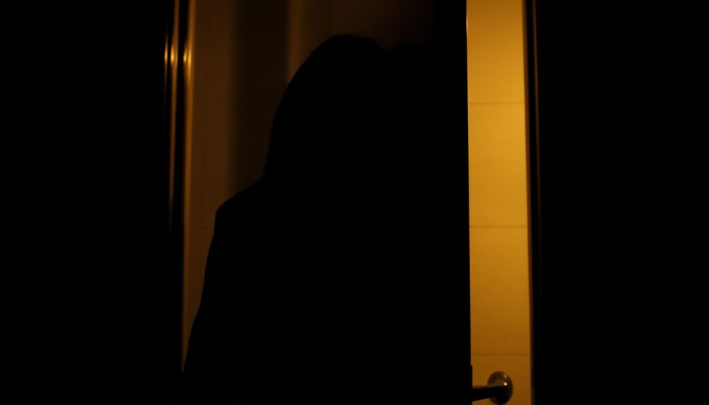 A dimly lit room, the protagonist shrouded in shadow, hiding behind a partially open door. Tension and unease permeate the scene, the figure's posture and facial expression conveying a sense of anxiety and fear. Soft, warm lighting illuminates the character's face, casting dramatic shadows and creating an air of mystery. The background is blurred, drawing the viewer's focus to the central figure, who seems to be concealing something or someone from an unseen presence. The composition is structured to create a sense of enclosure and isolation, emphasizing the character's need to hide and the underlying reasons for doing so. A dimly lit room, the protagonist shrouded in shadow, hiding behind a partially open door. Tension and unease permeate the scene, the figure's posture and facial expression conveying a sense of anxiety and fear. Soft, warm lighting illuminates the character's face, casting dramatic shadows and creating an air of mystery. The background is blurred, drawing the viewer's focus to the central figure, who seems to be concealing something or someone from an unseen presence. The composition is structured to create a sense of enclosure and isolation, emphasizing the character's need to hide and the underlying reasons for doing so.
