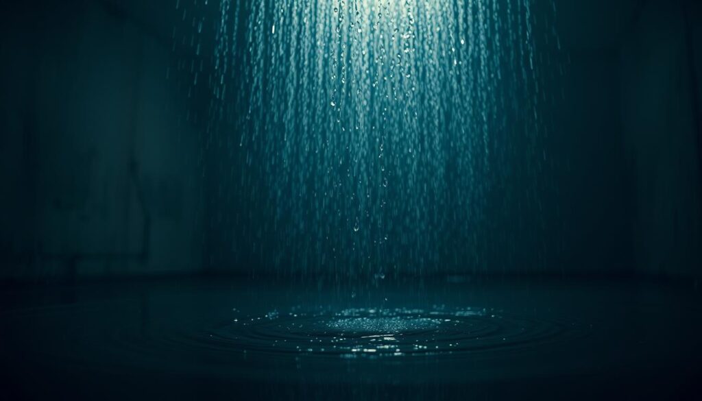 A dimly lit room, with water droplets cascading from the ceiling, creating a mesmerizing symphony of sound. The soft, ambient lighting casts a dreamlike hue, evoking a sense of introspection and the subconscious. In the foreground, a puddle of collected water reflects the scene, creating a sense of depth and mirroring the flow from above. The walls are slightly grungy, hinting at the passage of time and the metaphorical leaks in one's life. The atmosphere is serene, yet subtly unsettling, prompting the viewer to ponder the symbolic significance of the dripping water and its potential connection to the dreamer's inner turmoil or loss of control. A dimly lit room, with water droplets cascading from the ceiling, creating a mesmerizing symphony of sound. The soft, ambient lighting casts a dreamlike hue, evoking a sense of introspection and the subconscious. In the foreground, a puddle of collected water reflects the scene, creating a sense of depth and mirroring the flow from above. The walls are slightly grungy, hinting at the passage of time and the metaphorical leaks in one's life. The atmosphere is serene, yet subtly unsettling, prompting the viewer to ponder the symbolic significance of the dripping water and its potential connection to the dreamer's inner turmoil or loss of control.