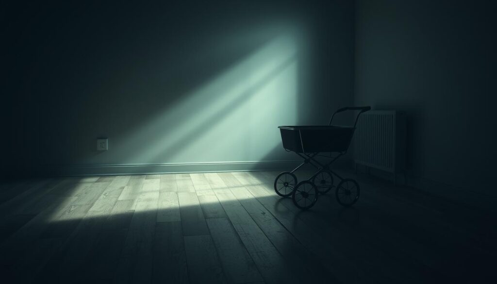 A dimly lit, somber room with a lone, empty baby stroller standing in the center, its wheels and frame casting long, haunting shadows on the weathered hardwood floor. The air is heavy with melancholy, a sense of unfulfilled dreams and missed opportunities. The stroller, once a symbol of new life and boundless possibilities, now sits abandoned, a stark reminder of the fragility of hope. The scene is bathed in a soft, muted light, casting a melancholic glow that permeates the space, evoking a sense of deep contemplation and introspection. The composition is balanced, with the stroller positioned as the focal point, drawing the viewer's gaze to the empty vessel and its implied, untold story. A dimly lit, somber room with a lone, empty baby stroller standing in the center, its wheels and frame casting long, haunting shadows on the weathered hardwood floor. The air is heavy with melancholy, a sense of unfulfilled dreams and missed opportunities. The stroller, once a symbol of new life and boundless possibilities, now sits abandoned, a stark reminder of the fragility of hope. The scene is bathed in a soft, muted light, casting a melancholic glow that permeates the space, evoking a sense of deep contemplation and introspection. The composition is balanced, with the stroller positioned as the focal point, drawing the viewer's gaze to the empty vessel and its implied, untold story.