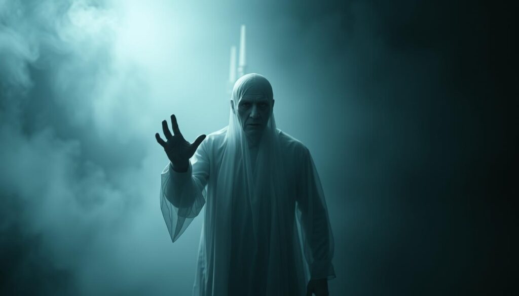 A dream-like scene of a deceased uncle, his ghostly form alive and present, conveying a message to his living relative. In the foreground, the uncle's semi-transparent figure stands, his eyes intense and his expression grave, as he gestures with a sense of urgency. The middle ground depicts a misty, otherworldly atmosphere, with hints of a dimly lit room or setting fading into the background. Subtle lighting casts a haunting, ethereal glow, creating an air of mysticism and the supernatural. The overall mood is one of solemn reverence, as the living relative receives the departed's profound communication. A dream-like scene of a deceased uncle, his ghostly form alive and present, conveying a message to his living relative. In the foreground, the uncle's semi-transparent figure stands, his eyes intense and his expression grave, as he gestures with a sense of urgency. The middle ground depicts a misty, otherworldly atmosphere, with hints of a dimly lit room or setting fading into the background. Subtle lighting casts a haunting, ethereal glow, creating an air of mysticism and the supernatural. The overall mood is one of solemn reverence, as the living relative receives the departed's profound communication.
