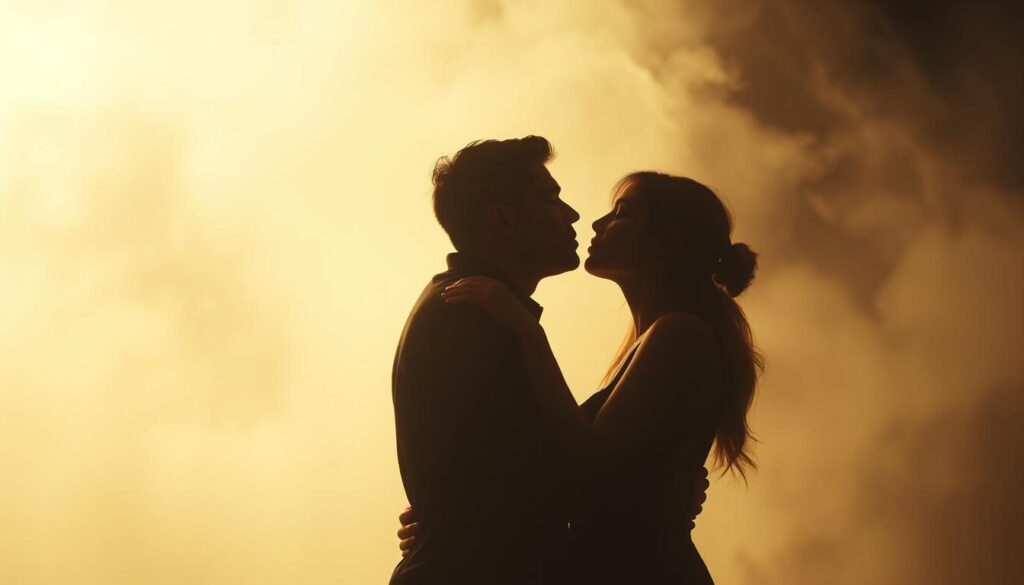 A dream-like scene of intimate embraces and gentle kisses. In the foreground, two shadowy figures locked in a passionate but serene embrace, their lips meeting in a tender, dreamlike kiss. The middle ground is shrouded in a soft, misty atmosphere, evoking the subconscious nature of dreams. The background is blurred and indistinct, allowing the viewer to focus on the emotional connection between the central figures. Warm, diffused lighting bathes the scene, creating a sense of intimacy and vulnerability. The overall mood is one of vulnerability, vulnerability, and the exploration of the deeper meanings behind our most private moments. A dream-like scene of intimate embraces and gentle kisses. In the foreground, two shadowy figures locked in a passionate but serene embrace, their lips meeting in a tender, dreamlike kiss. The middle ground is shrouded in a soft, misty atmosphere, evoking the subconscious nature of dreams. The background is blurred and indistinct, allowing the viewer to focus on the emotional connection between the central figures. Warm, diffused lighting bathes the scene, creating a sense of intimacy and vulnerability. The overall mood is one of vulnerability, vulnerability, and the exploration of the deeper meanings behind our most private moments.