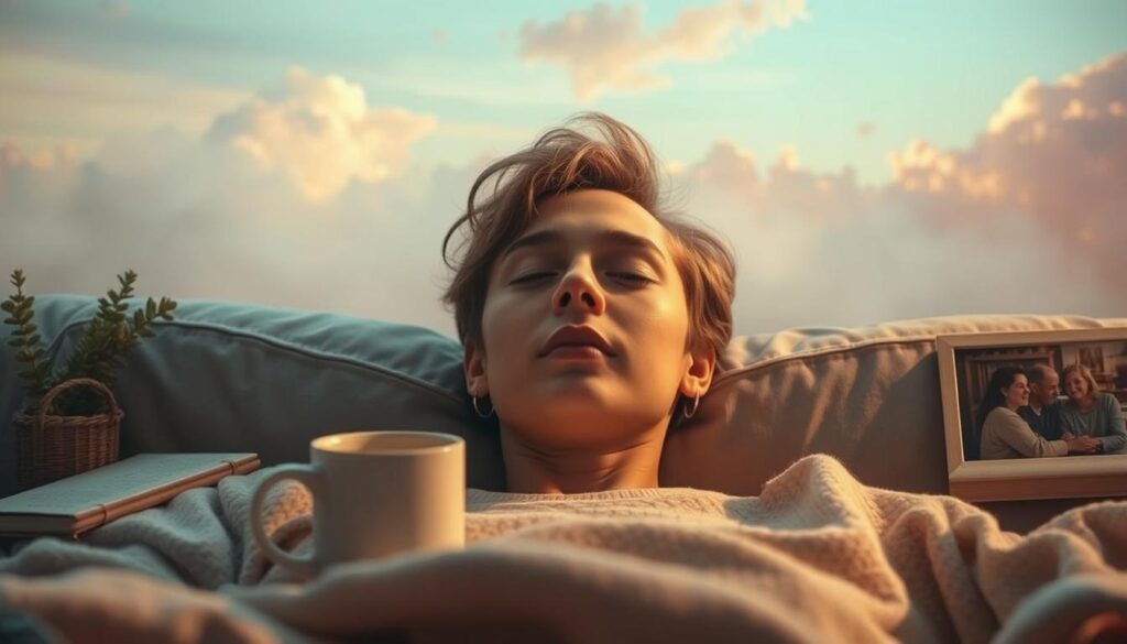 A dreamlike scene of a person's daily life and emotional state, bathed in soft, warm lighting. The foreground depicts the subject's face, eyes closed in a serene expression, as they recline on a cozy sofa. The middle ground shows various personal items like a mug of hot tea, a journal, and a family photo, suggesting the person's everyday routine and inner world. The background features hazy, impressionistic landscapes, with clouds drifting across a pastel sky, evoking the subconscious realm of dreams. A sense of tranquility, introspection, and the blending of the conscious and unconscious permeates the scene. A dreamlike scene of a person's daily life and emotional state, bathed in soft, warm lighting. The foreground depicts the subject's face, eyes closed in a serene expression, as they recline on a cozy sofa. The middle ground shows various personal items like a mug of hot tea, a journal, and a family photo, suggesting the person's everyday routine and inner world. The background features hazy, impressionistic landscapes, with clouds drifting across a pastel sky, evoking the subconscious realm of dreams. A sense of tranquility, introspection, and the blending of the conscious and unconscious permeates the scene.