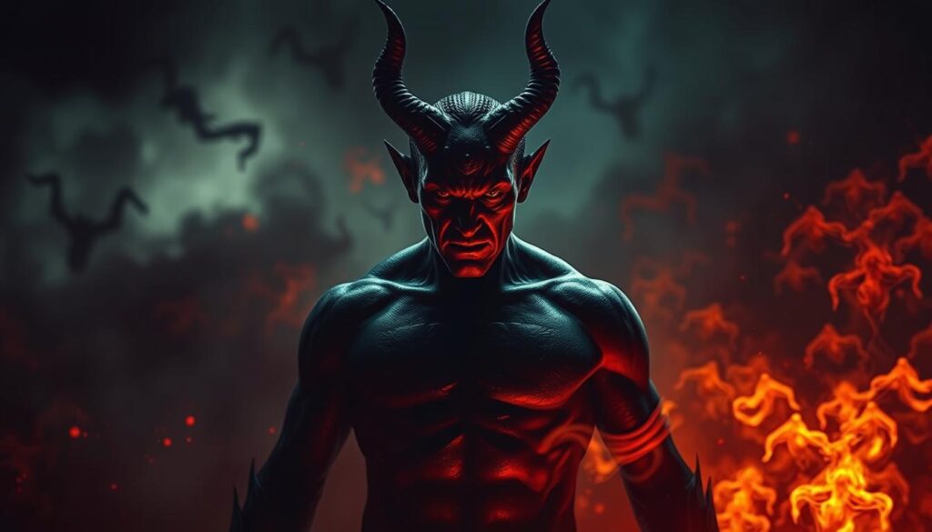 A dreamscape unfolds, where a devil figure in human form stands at the center, his piercing gaze and sinister expression commanding attention. The background is shrouded in an ominous, otherworldly atmosphere, with hints of fiery hues and swirling shadows that suggest the presence of unseen forces. The lighting is dramatic, casting deep shadows and highlights that accentuate the devil's menacing features. The composition is balanced, with the devil figure occupying the foreground, while the middle ground and background elements add depth and a sense of mystery. The overall mood is one of foreboding, hinting at the potential dangers and temptations that may lurk within the realm of dreams. A dreamscape unfolds, where a devil figure in human form stands at the center, his piercing gaze and sinister expression commanding attention. The background is shrouded in an ominous, otherworldly atmosphere, with hints of fiery hues and swirling shadows that suggest the presence of unseen forces. The lighting is dramatic, casting deep shadows and highlights that accentuate the devil's menacing features. The composition is balanced, with the devil figure occupying the foreground, while the middle ground and background elements add depth and a sense of mystery. The overall mood is one of foreboding, hinting at the potential dangers and temptations that may lurk within the realm of dreams.