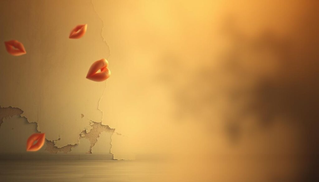 A dreamscape where ethereal kisses float through the air, evoking a sense of longing and emotional connection. In the foreground, wispy, translucent lips hover, their tender touches leaving a faint glow. The middle ground features a peeling, weathered wall, the paint crumbling and revealing the underlying surface - a metaphor for the fragility of our own emotional walls. The background is a hazy, soft-focus scene, bathed in a warm, golden light that casts a dreamlike, melancholic atmosphere. Subtle, muted colors and a sense of wistful nostalgia pervade the entire composition, inviting the viewer to reflect on the yearning for intimacy and the ephemeral nature of our emotional experiences. A dreamscape where ethereal kisses float through the air, evoking a sense of longing and emotional connection. In the foreground, wispy, translucent lips hover, their tender touches leaving a faint glow. The middle ground features a peeling, weathered wall, the paint crumbling and revealing the underlying surface - a metaphor for the fragility of our own emotional walls. The background is a hazy, soft-focus scene, bathed in a warm, golden light that casts a dreamlike, melancholic atmosphere. Subtle, muted colors and a sense of wistful nostalgia pervade the entire composition, inviting the viewer to reflect on the yearning for intimacy and the ephemeral nature of our emotional experiences.