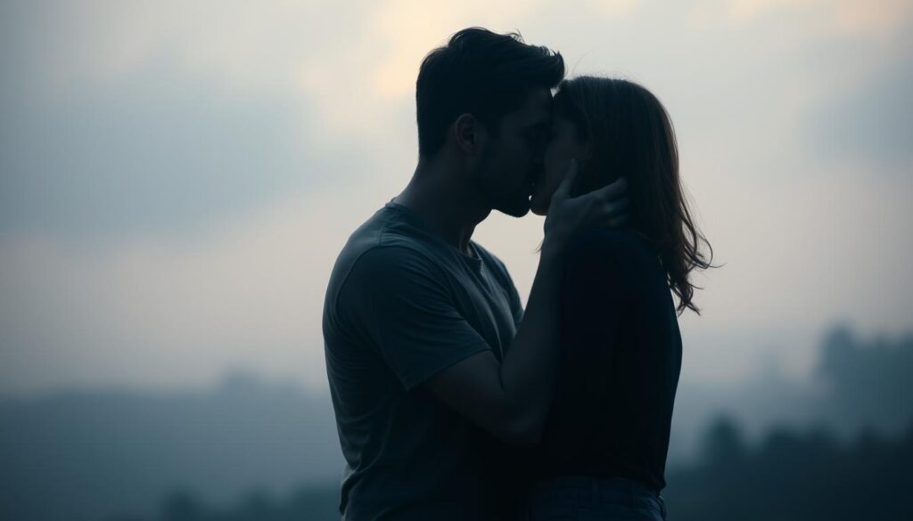 A dreamy, romantic scene of two lovers embracing in a passionate kiss. In the foreground, their faces are illuminated by soft, warm lighting, capturing the tenderness and intimacy of the moment. In the background, a hazy, blurred landscape evokes a sense of timelessness and otherworldliness, as if the couple is lost in their own private reverie. The composition is balanced and harmonious, with the figures positioned centrally, their bodies intertwined in a seamless, flowing embrace. The overall mood is one of deep emotional connection, tranquility, and the feeling of being suspended in a fleeting, yet profound, dreamlike state. A dreamy, romantic scene of two lovers embracing in a passionate kiss. In the foreground, their faces are illuminated by soft, warm lighting, capturing the tenderness and intimacy of the moment. In the background, a hazy, blurred landscape evokes a sense of timelessness and otherworldliness, as if the couple is lost in their own private reverie. The composition is balanced and harmonious, with the figures positioned centrally, their bodies intertwined in a seamless, flowing embrace. The overall mood is one of deep emotional connection, tranquility, and the feeling of being suspended in a fleeting, yet profound, dreamlike state.
