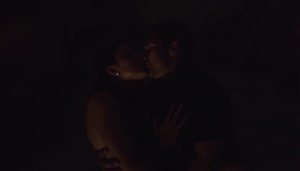 A mysterious, dimly lit bedroom scene. The camera angle is slightly elevated, capturing the intimate encounter in a dreamlike, ethereal manner. In the foreground, two figures, a woman and an unfamiliar man, are locked in a passionate embrace, their lips meeting in a deep, lingering kiss. The woman's eyes are closed, a look of blissful surrender on her face, while the man's expression is one of intense desire. The lighting is soft and moody, casting dramatic shadows that accentuate the sensual nature of the moment. The background is hazy, with hints of a luxurious bedspread and the faint outlines of furniture, creating a sense of seclusion and privacy. The overall atmosphere evokes a feeling of mystery, curiosity, and the allure of the unknown. A mysterious, dimly lit bedroom scene. The camera angle is slightly elevated, capturing the intimate encounter in a dreamlike, ethereal manner. In the foreground, two figures, a woman and an unfamiliar man, are locked in a passionate embrace, their lips meeting in a deep, lingering kiss. The woman's eyes are closed, a look of blissful surrender on her face, while the man's expression is one of intense desire. The lighting is soft and moody, casting dramatic shadows that accentuate the sensual nature of the moment. The background is hazy, with hints of a luxurious bedspread and the faint outlines of furniture, creating a sense of seclusion and privacy. The overall atmosphere evokes a feeling of mystery, curiosity, and the allure of the unknown.
