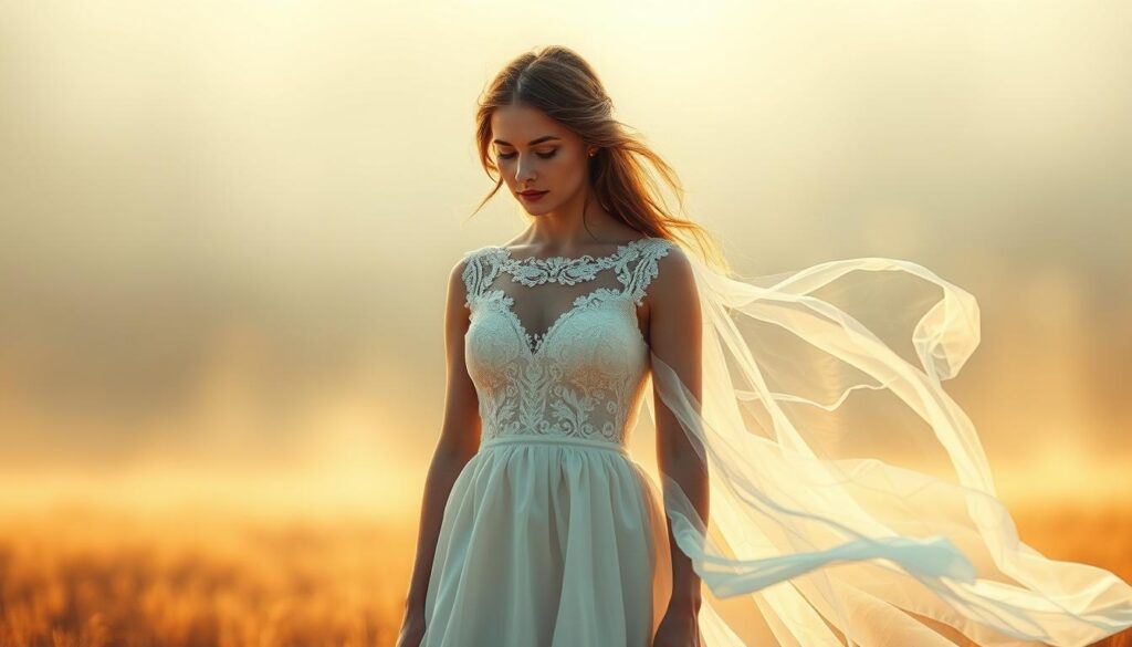 A pensive woman standing in a vast, ethereal field, her white wedding dress billowing gently in a soft breeze. The gown's intricate lace and delicate folds catch the warm, ambient light, casting a serene, dreamlike quality. Her gaze is introspective, lost in thoughtful contemplation, as if seeking deeper meaning within this vivid, symbolic vision. The background fades into a hazy, impressionistic landscape, allowing the woman's contemplative pose to take center stage, inviting the viewer to ponder the significance of this powerful, enigmatic dream.
