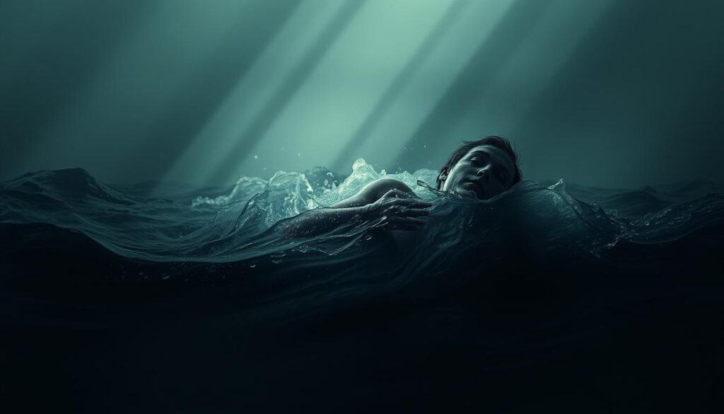 A person drowning in dark, turbulent waters, their face and limbs barely visible above the swirling waves. The background is a muted, somber palette, evoking a sense of melancholy and unease. Shafts of pale, diffused light cut through the gloom, casting an ethereal glow on the scene. The composition is tight, focusing the viewer's attention on the desperate figure, their struggle to stay afloat a metaphor for the emotional turmoil within. The image conveys a sense of vulnerability, the fragility of the human condition, and the hidden, subconscious meanings that can be found in dreams. A person drowning in dark, turbulent waters, their face and limbs barely visible above the swirling waves. The background is a muted, somber palette, evoking a sense of melancholy and unease. Shafts of pale, diffused light cut through the gloom, casting an ethereal glow on the scene. The composition is tight, focusing the viewer's attention on the desperate figure, their struggle to stay afloat a metaphor for the emotional turmoil within. The image conveys a sense of vulnerability, the fragility of the human condition, and the hidden, subconscious meanings that can be found in dreams.