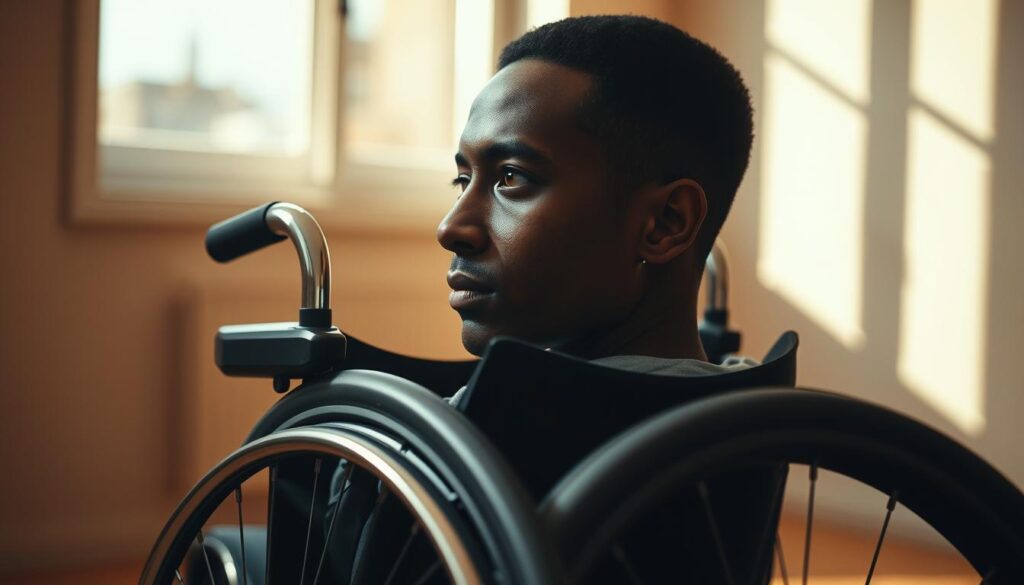A person in a wheelchair, their face etched with a contemplative expression, sitting in a sunlit room with warm, soft lighting. The wheelchair is modern and sleek, with chrome accents. The background features muted, neutral tones, creating a sense of introspection and personal reflection. The subject's gaze is directed inward, suggesting a deep, internal exploration of their circumstances and challenges. The overall mood is one of quiet resilience and personal growth, capturing the essence of interpreting one's life experiences through the lens of disability. A person in a wheelchair, their face etched with a contemplative expression, sitting in a sunlit room with warm, soft lighting. The wheelchair is modern and sleek, with chrome accents. The background features muted, neutral tones, creating a sense of introspection and personal reflection. The subject's gaze is directed inward, suggesting a deep, internal exploration of their circumstances and challenges. The overall mood is one of quiet resilience and personal growth, capturing the essence of interpreting one's life experiences through the lens of disability.