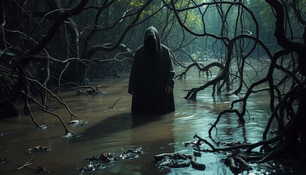 A person shrouded in a cloak stands knee-deep in a muddy, murky swamp. Their face is obscured, casting an ominous shadow. Gnarled, twisted branches reach out from the dark waters, creating an uneasy, claustrophobic atmosphere. Weak, filtered sunlight filters through the dense foliage, casting an eerie, greenish glow over the scene. The ground is littered with decaying leaves and twigs, hinting at the treacherous, unstable terrain. This ominous, foreboding vision evokes a sense of being trapped, betrayed, and in peril of unseen dangers. A person shrouded in a cloak stands knee-deep in a muddy, murky swamp. Their face is obscured, casting an ominous shadow. Gnarled, twisted branches reach out from the dark waters, creating an uneasy, claustrophobic atmosphere. Weak, filtered sunlight filters through the dense foliage, casting an eerie, greenish glow over the scene. The ground is littered with decaying leaves and twigs, hinting at the treacherous, unstable terrain. This ominous, foreboding vision evokes a sense of being trapped, betrayed, and in peril of unseen dangers.