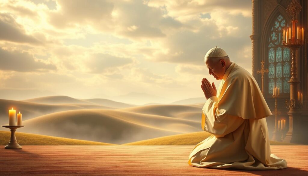 A serene and contemplative scene depicting an interpretation of a dream about Pope John Paul II. In the foreground, a figure resembling the late Pope kneels in prayer, his expression peaceful and serene. The middle ground features a soft, dreamlike landscape with rolling hills and a cloudy sky, suggesting a spiritual or mystical realm. The background is filled with symbolic religious imagery, such as stained-glass windows, candles, and ornate religious artifacts, creating a sense of reverence and devotion. Warm, diffused lighting bathes the scene, evoking a sense of tranquility and introspection. The overall composition conveys a sense of spiritual insight and the profound impact of the late Pope's legacy. A serene and contemplative scene depicting an interpretation of a dream about Pope John Paul II. In the foreground, a figure resembling the late Pope kneels in prayer, his expression peaceful and serene. The middle ground features a soft, dreamlike landscape with rolling hills and a cloudy sky, suggesting a spiritual or mystical realm. The background is filled with symbolic religious imagery, such as stained-glass windows, candles, and ornate religious artifacts, creating a sense of reverence and devotion. Warm, diffused lighting bathes the scene, evoking a sense of tranquility and introspection. The overall composition conveys a sense of spiritual insight and the profound impact of the late Pope's legacy.